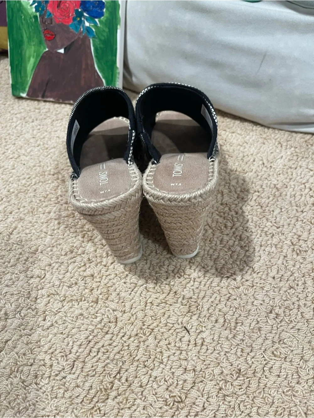 TOMS Black and White Striped Espadrille Wedge Mules